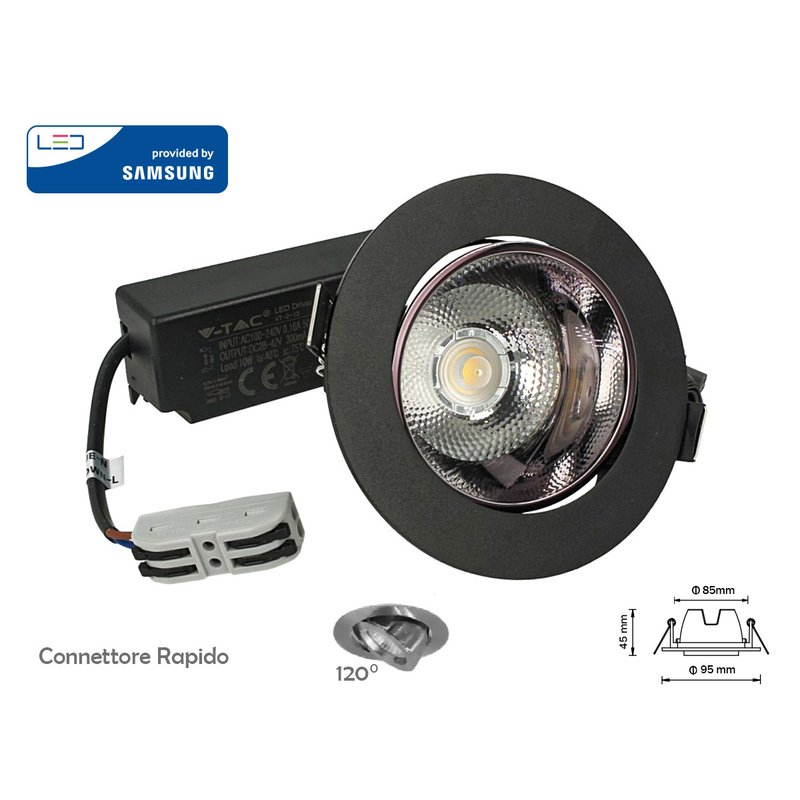 foto del prodotto faretto led cob da incasso 10w 3000k rotondo riflettore orientabile carcassa nera chip samsung sku 2120051