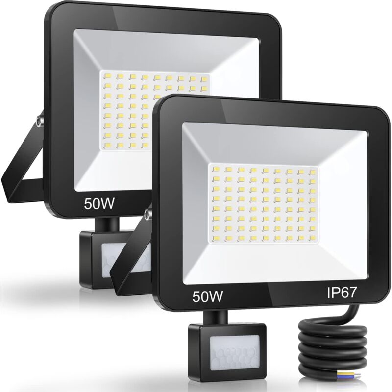 foto del prodotto faretto led da esterno 50w con sensore di movimento, confezione da 2, faretto led impermeabile ip67 con sensore, illuminazione esterna bianca fredda