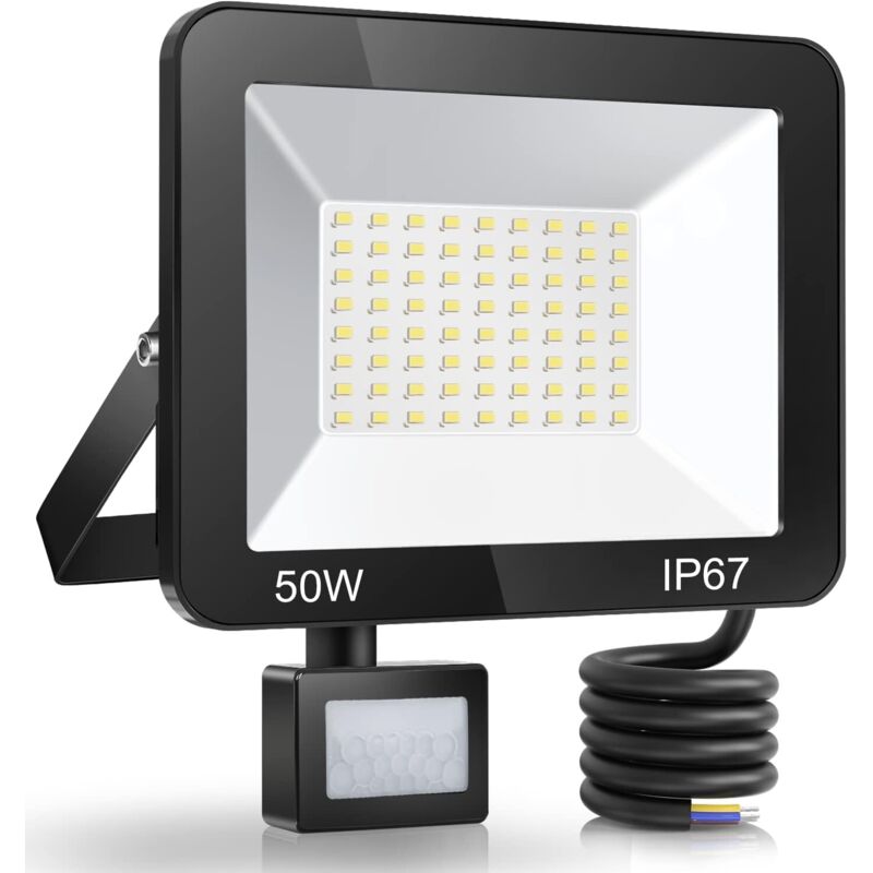 foto del prodotto faretto led da esterno 50w con sensore di movimento, faretto led impermeabile ip67 con sensore, 5000lm, luce bianca fredda 7000k, lampada da esterno