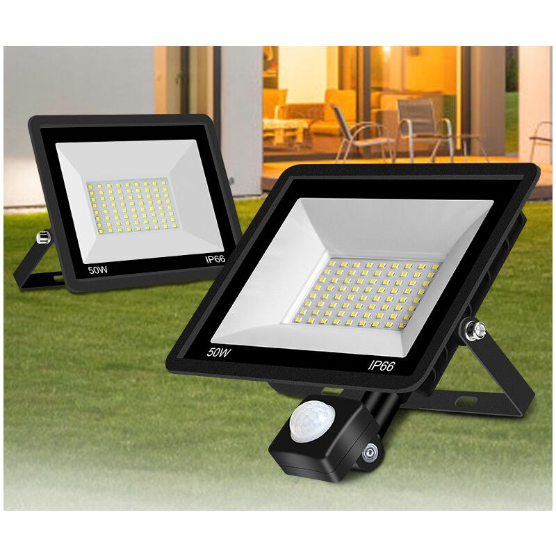 foto del prodotto faretto led da esterno lablanc 50w con sensore di movimento, confezione da 2, luce led con sensore ip66 impermeabile, 5000 lm, 6500 k, bianco freddo,
