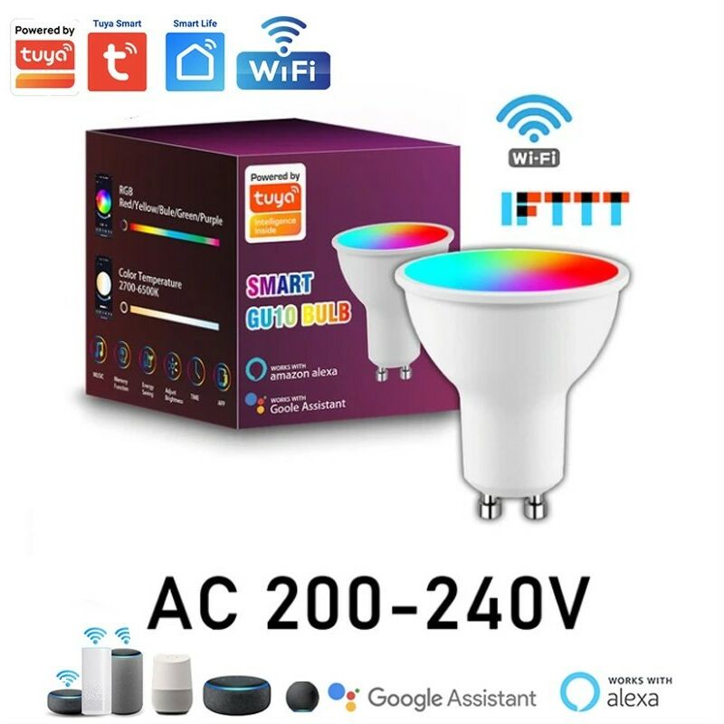 foto del prodotto faretto led gu10 smart wifi e bluetooth rgb cct 5w tuya