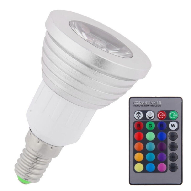 foto del prodotto faretto led luce rgb programmabile multicolor e27 gu10 e14 mr16 con telecomando e14 trade shop traesio
