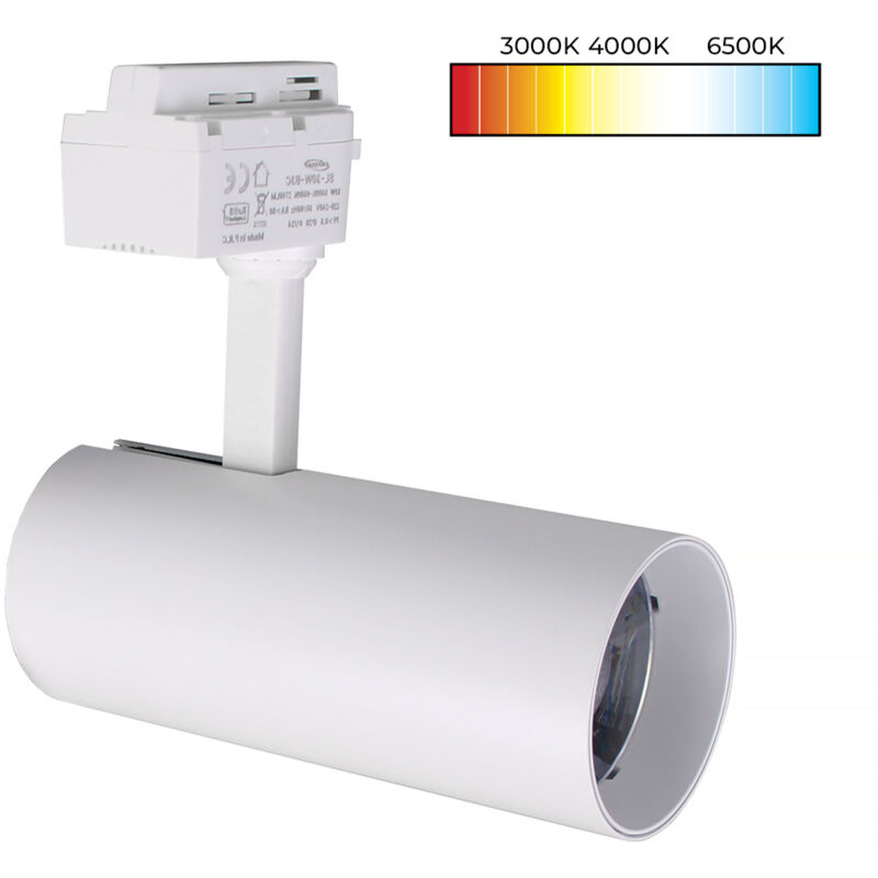 foto del prodotto faretto led orientabile su binario monofase in alluminio bianco 30w tripla temperatura di colore 3000k 4000k 65000k