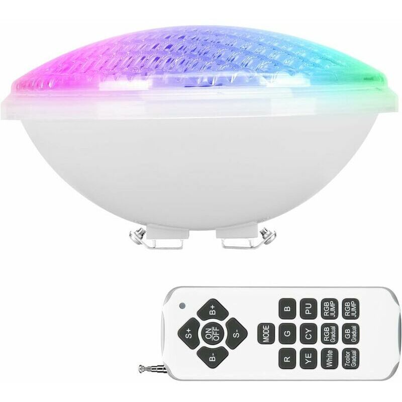 foto del prodotto faretto led per piscina ulisem rgbw 40w par56, impermeabile ip68, sommergibile a 12v dc ac, con telecomando, che offre un'illuminazione multicolore.