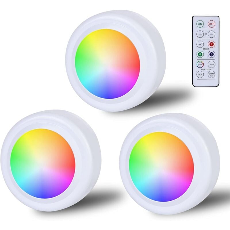 foto del prodotto faretto led rgb a batteria con telecomando, 16 cambi di colore luce per armadio dimmerabile illuminazione per vetrina illuminazione a led wireless