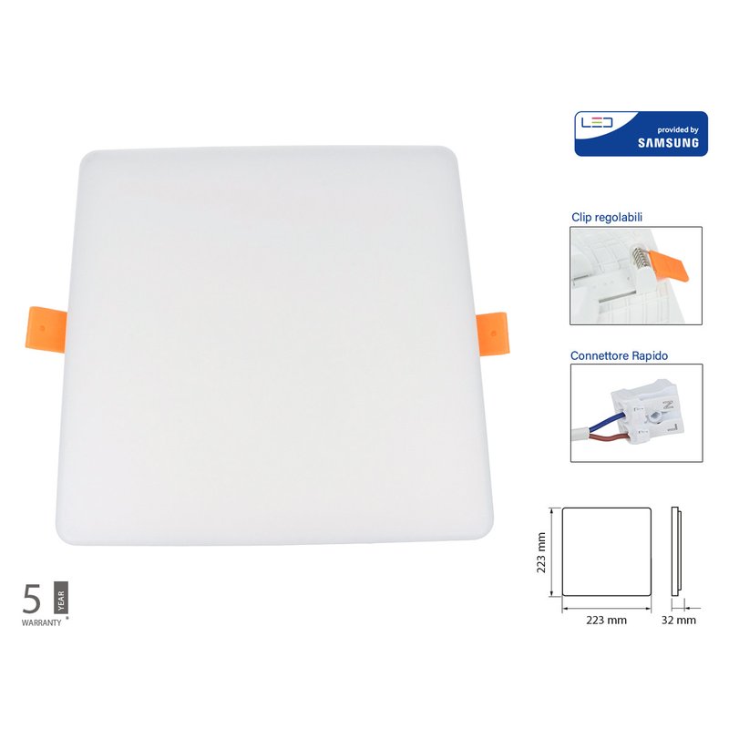foto del prodotto faretto pannello led da incasso quadrato senza bordo 24w bianco caldo foro adattabile da 75mm a 200mm sku 742