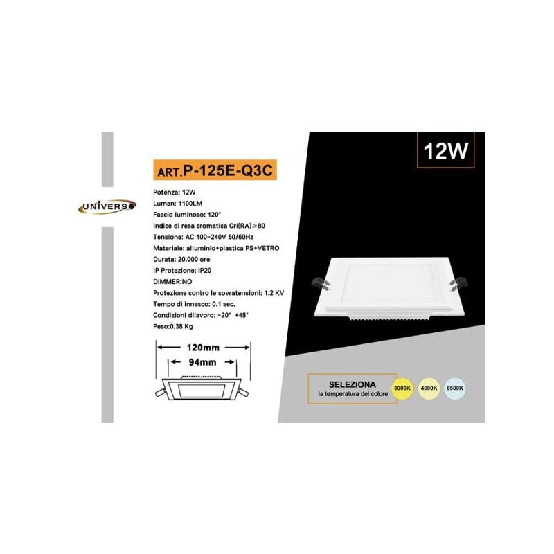 foto del prodotto faretto pannello slim vetro 12w quadrato cct 3000k 4000k 6500k