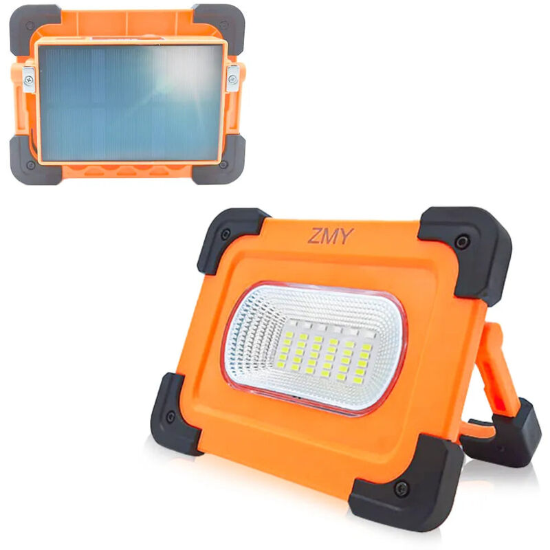 foto del prodotto faretto portatile a led con pannello solare ricaricabile usb, funzione power bank integrata. perfetto per lavori all aperto, campeggio ed emergenze.
