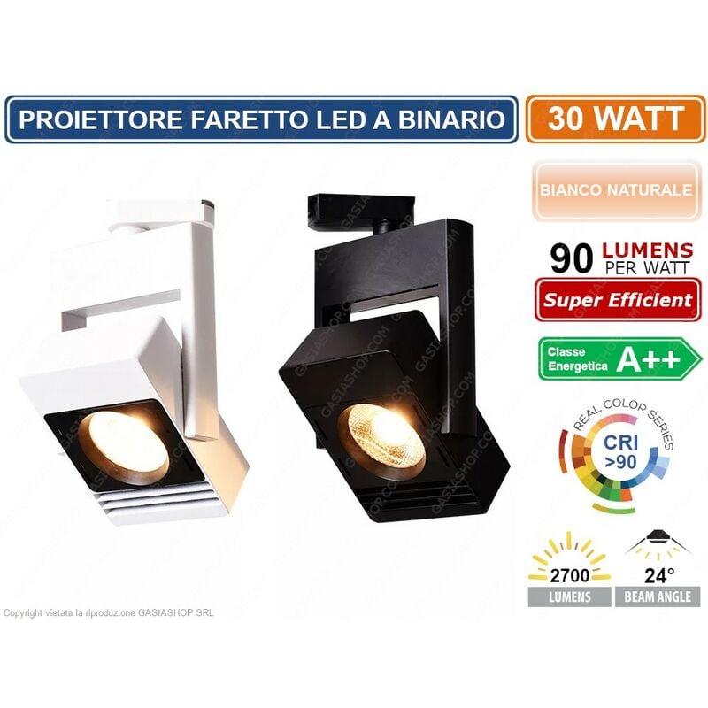 foto del prodotto faretto proiettore a binario track light led cob 30w 2700 lumen cri 90 bianco naturale 4000k colore bianco