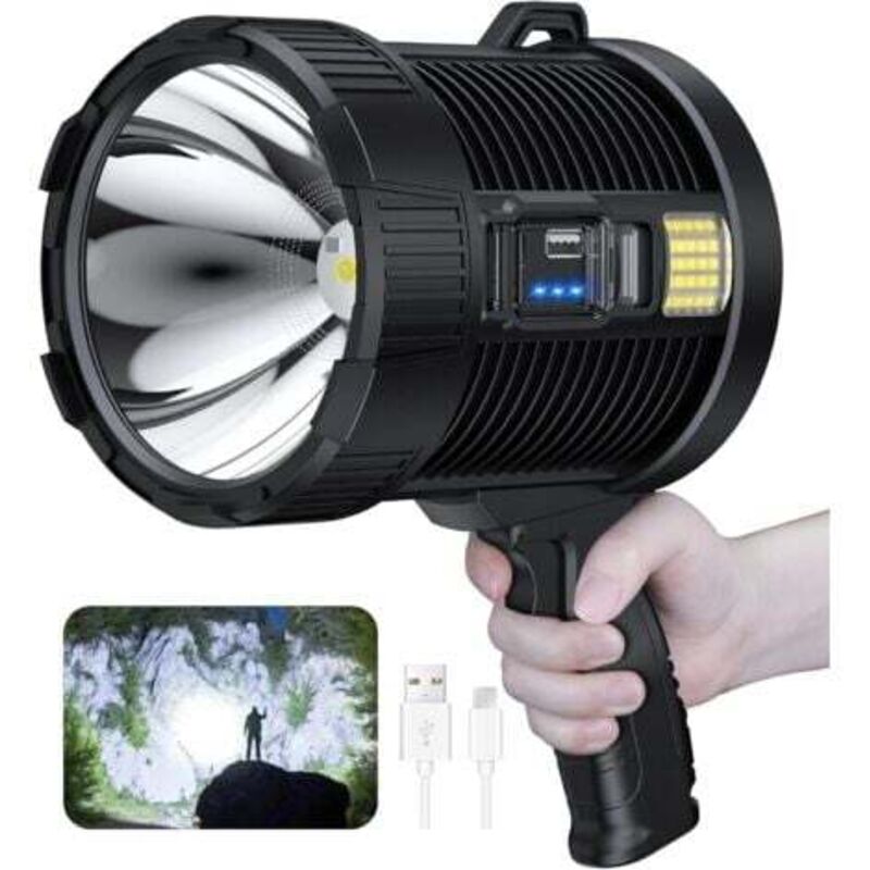 foto del prodotto faretto ricaricabile, faretto portatile a led da 100.000 lumen, grande torcia solare super luminosa per esterni, 6 modalit , impermeabile ipx5, nero