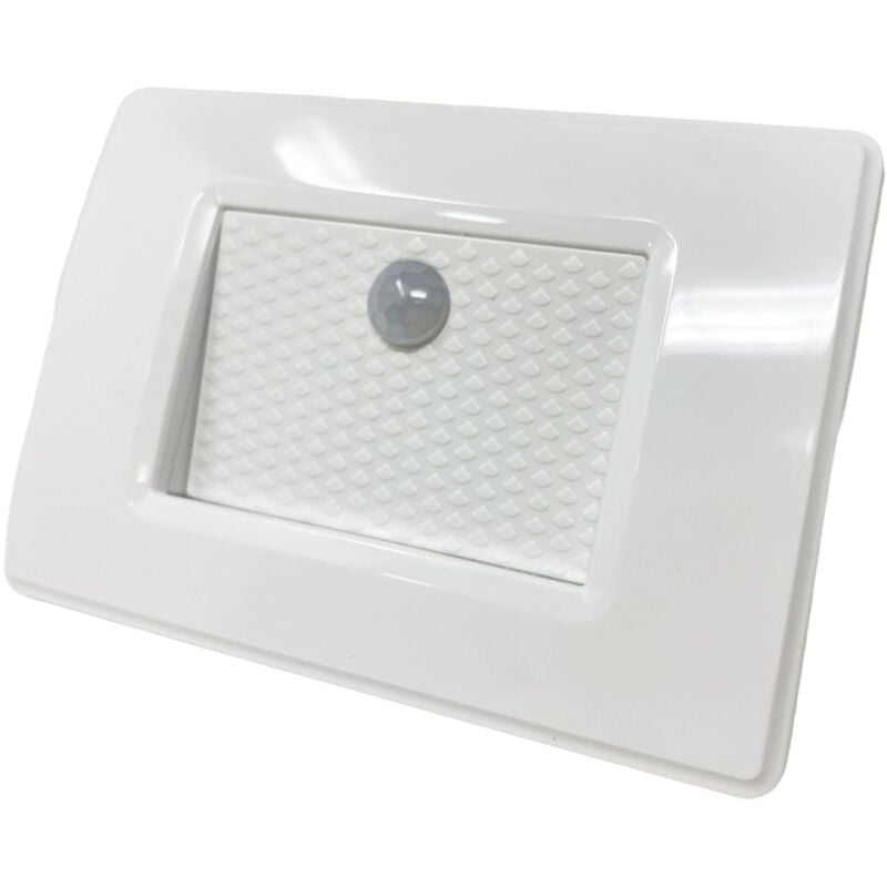 foto del prodotto faretto segnapassi con placca bianca da muro con sensore di movimento pir 1,3 watt per cassetta 503 luce calda 3000k