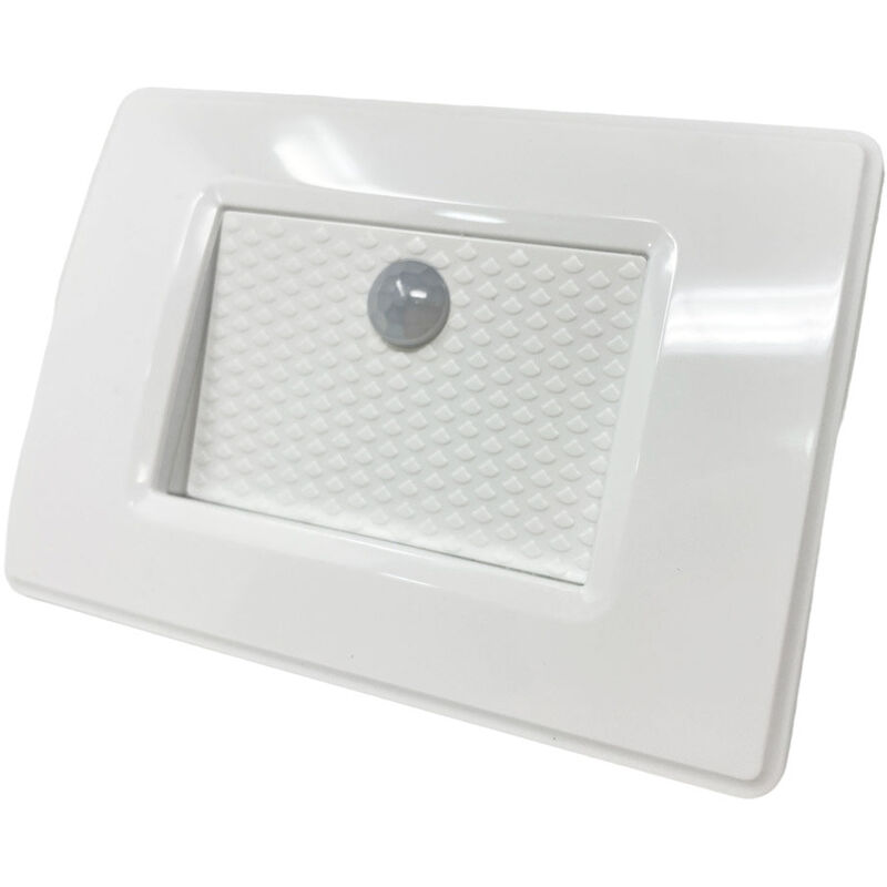 foto del prodotto faretto segnapassi con placca bianca da muro con sensore di movimento pir 1,3 watt per cassetta 503 luce fredda 6500k