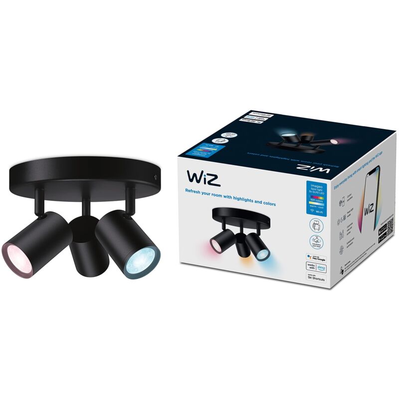foto del prodotto faretto smart led imageo wifi, base tonda, luce bianca o colorata dimmerabile, gu10, 3x5w, nero, tecnologia spacesense, controllo vocale (alexa,