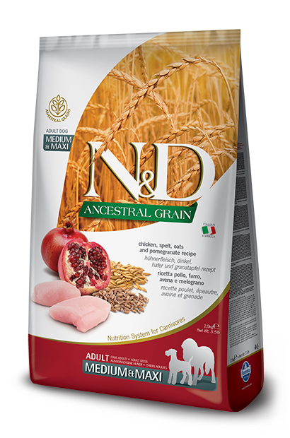 foto del prodotto farmina cane n amp d ancestral adulto medium amp maxi pollo, farro, avena amp melograno 2,5 kg