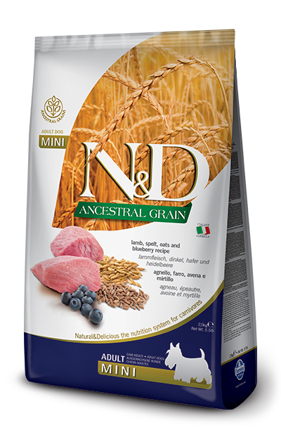 foto del prodotto farmina cane n&amp;d ancestral adulto mini agnello, farro, avena &amp; mirtillo 800 gr