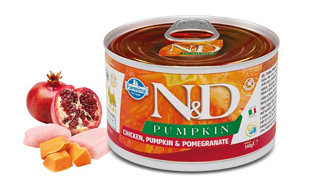 foto del prodotto farmina cane n amp d pumpkin adulto mini pollo, zucca amp melograno lattina 140 gr