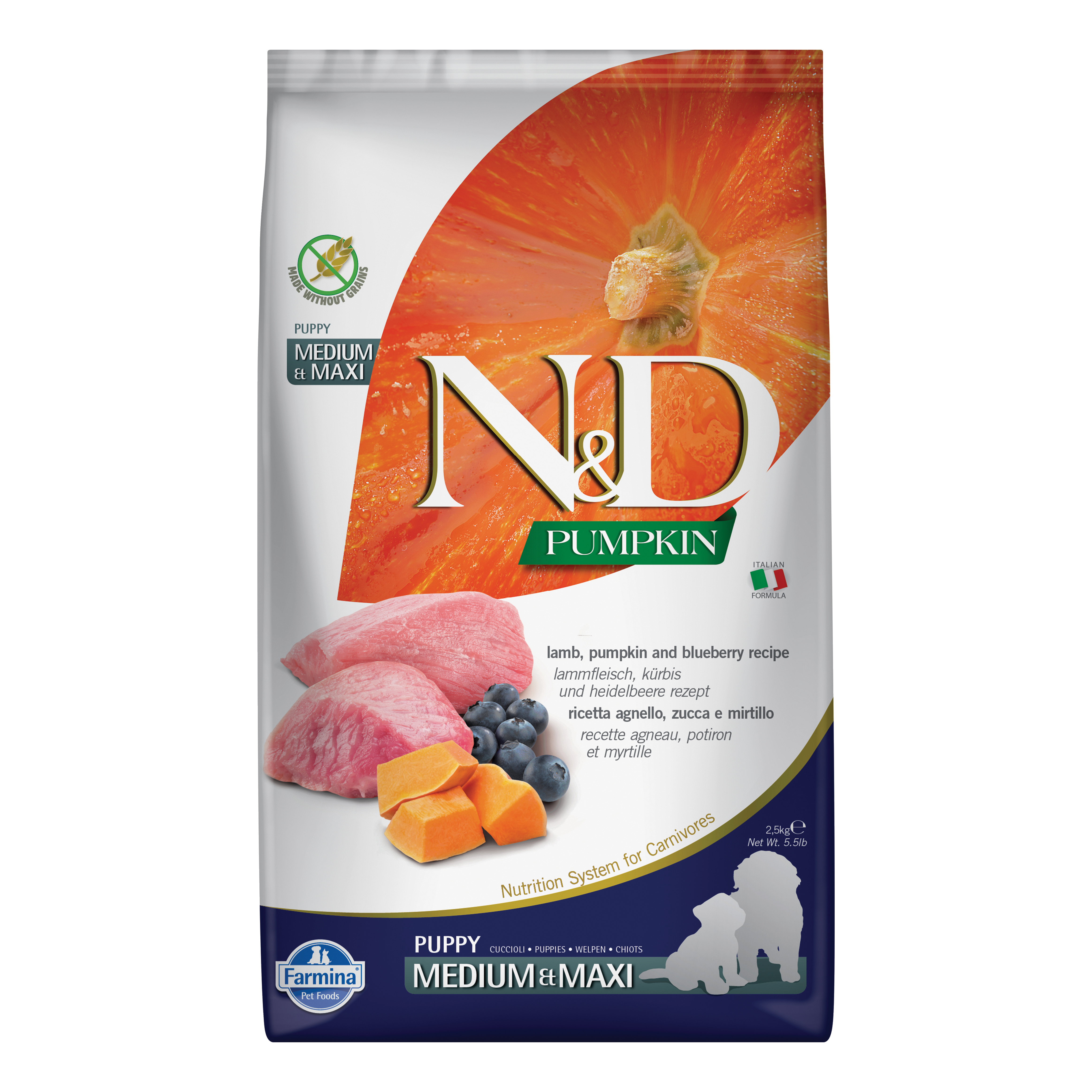 foto del prodotto farmina cane n amp d pumpkin puppy medium amp maxi agnello, zucca amp mirtillo 2,5 kg