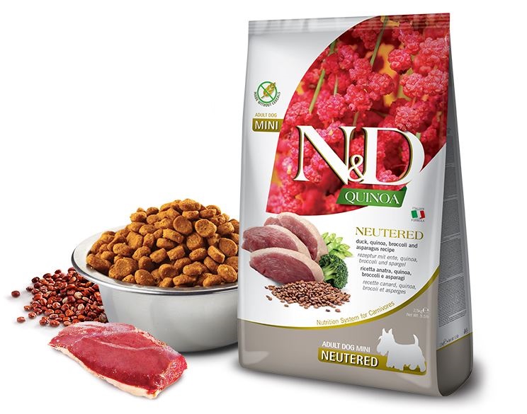 foto del prodotto farmina cane n amp d quinoa neutered adulto mini anatra, quinoa, broccoli amp asparagi 800 gr