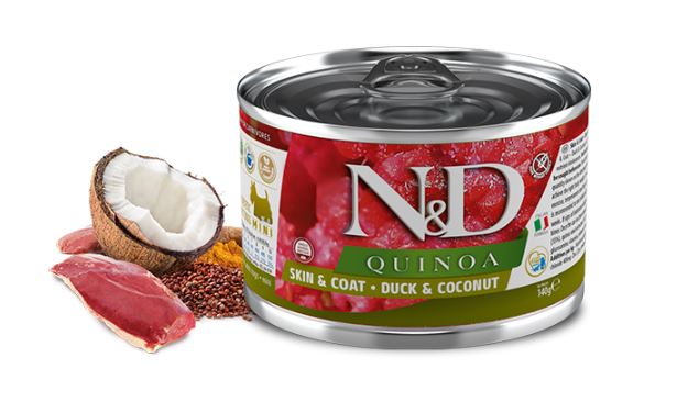 foto del prodotto farmina cane n amp d quinoa skin amp coat adulto mini anatra amp cocco lattina 140 gr