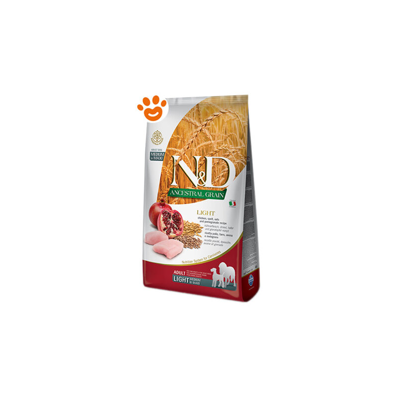 foto del prodotto farmina dog n d ancestral grain light medium maxi pollo e melograno dog n d ancestral grain light medium maxi pollo e melograno sacco da 12 kg