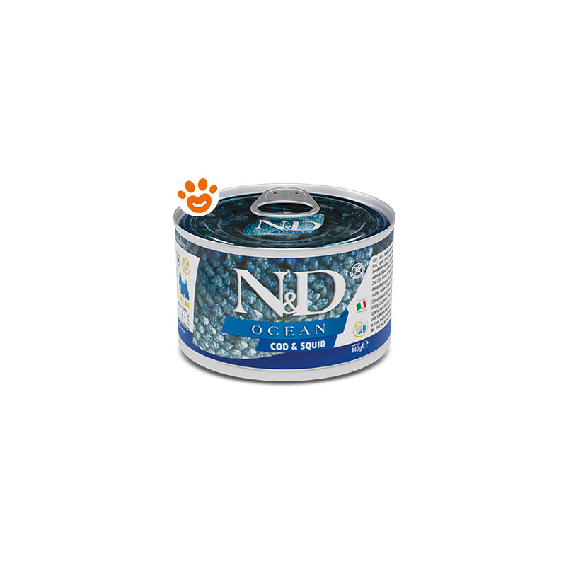 foto del prodotto farmina dog n d ocean adult mini merluzzo e calamari dog n d ocean adult mini merluzzo e calamari lattina da 140 gr