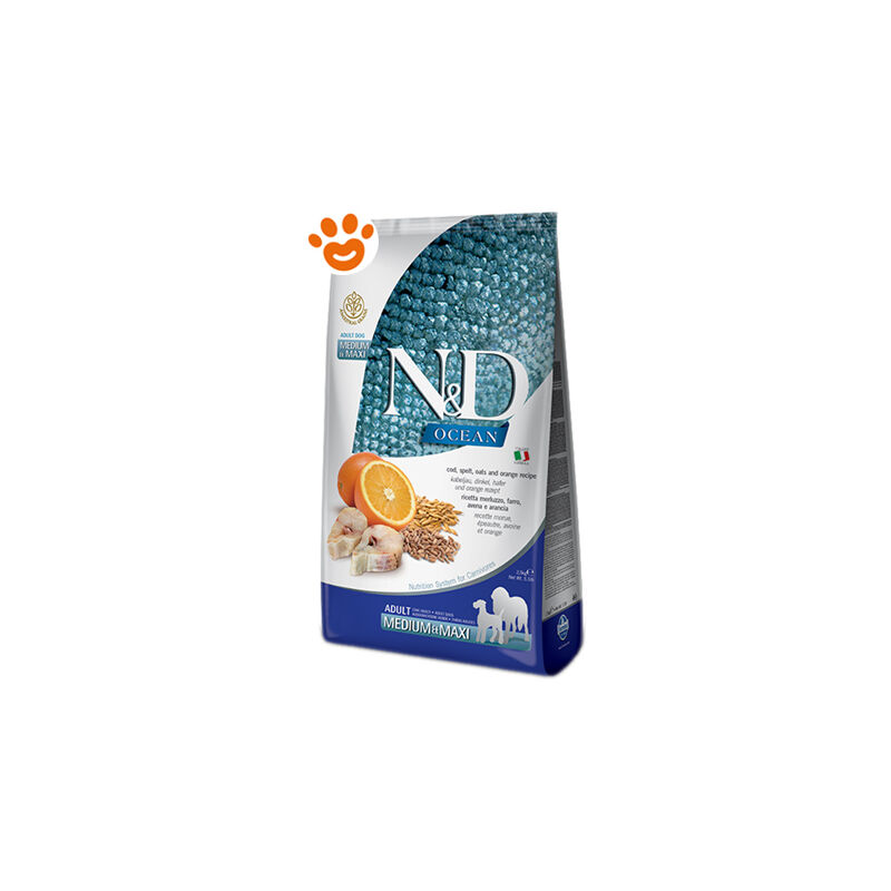 foto del prodotto farmina dog n d ocean grain adult medium maxi merluzzo, farro, avena e arancia dog n d ocean grain adult medium maxi merluzzo, farro, avena e
