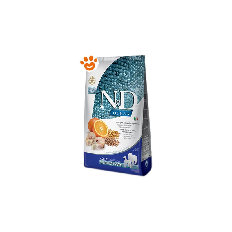 foto del prodotto farmina dog n d ocean grain adult medium maxi merluzzo, farro, avena e arancia dog n d ocean grain adult medium maxi merluzzo, farro, avena e