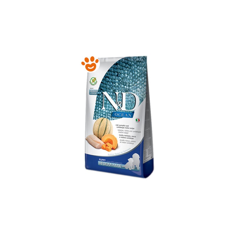 foto del prodotto farmina dog n d ocean puppy medium maxi merluzzo zucca e melone dog n d ocean puppy medium maxi merluzzo zucca e melone sacco da 12 kg