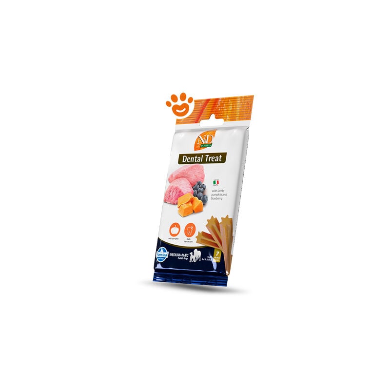 foto del prodotto farmina dog snack dental treat n d pumpkin agnello medium maxi dog snack dental treat n d pumpkin agnello medium maxi confezione da 100 gr