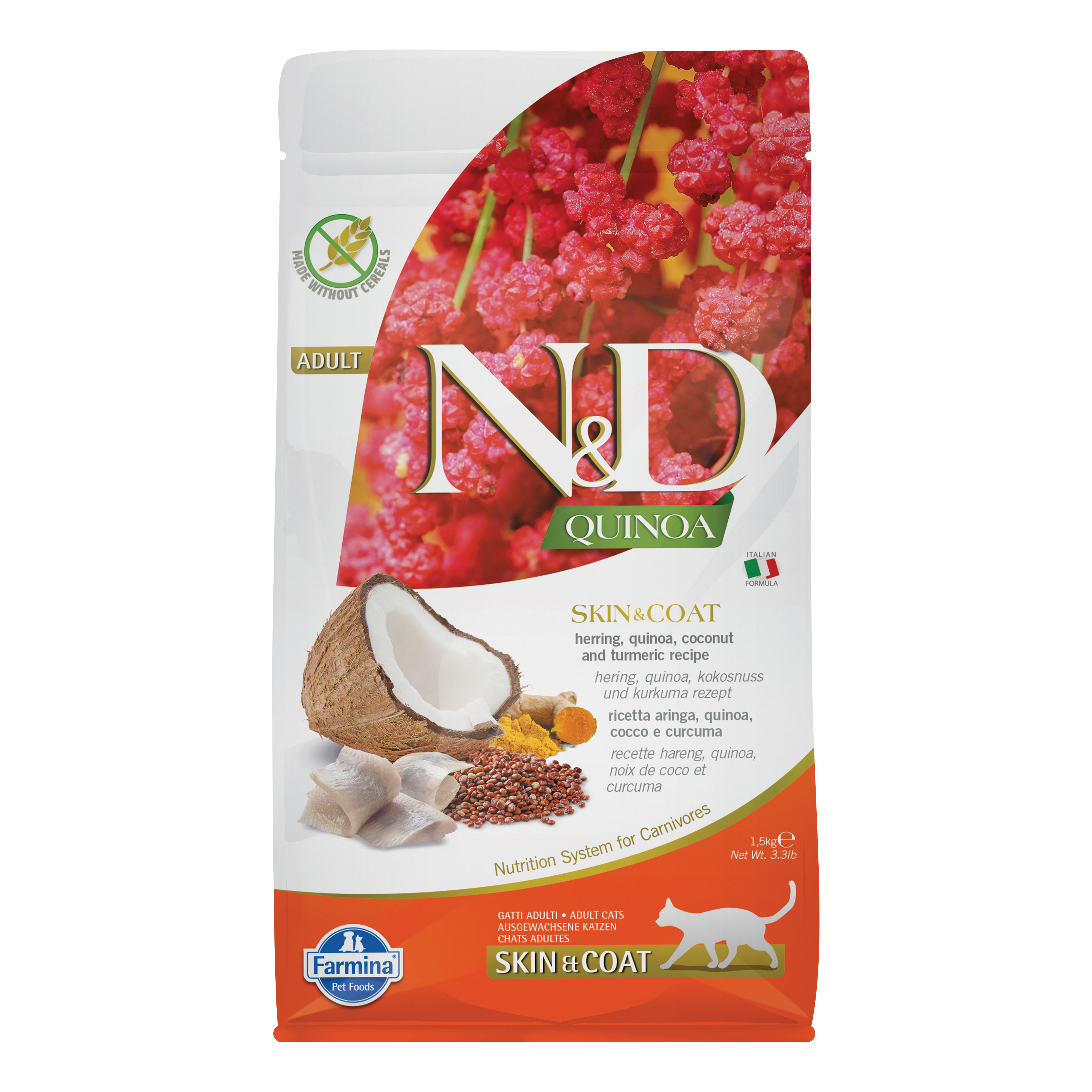 foto del prodotto farmina gatto n amp d quinoa skin amp coat aringa, quinoa, cocco amp curcuma 1,5 kg