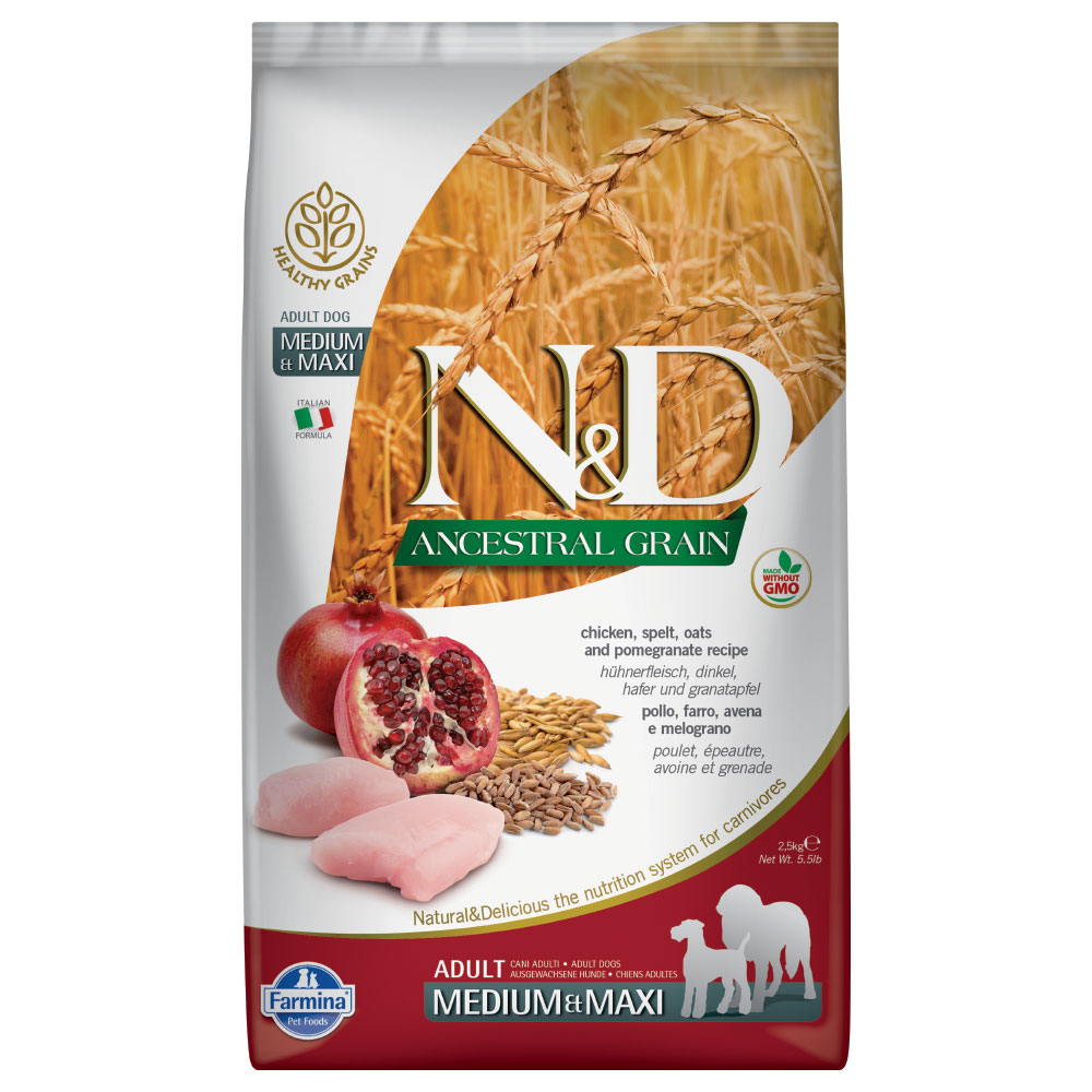foto del prodotto farmina n d ancestral grain adult medium maxi pollo e melograno 12 kg