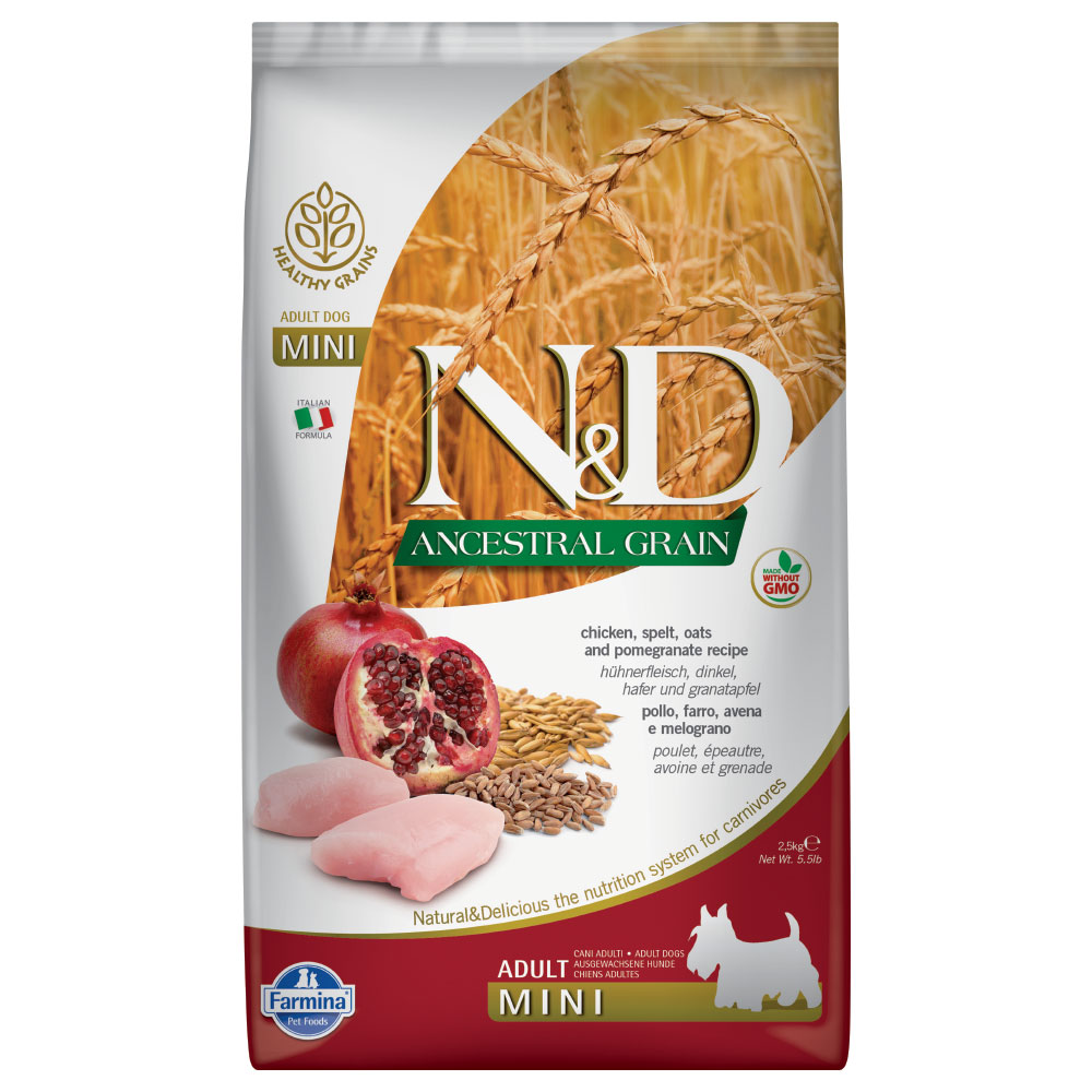 foto del prodotto farmina n d ancestral grain adult mini pollo e melograno crocchette cane 7 kg