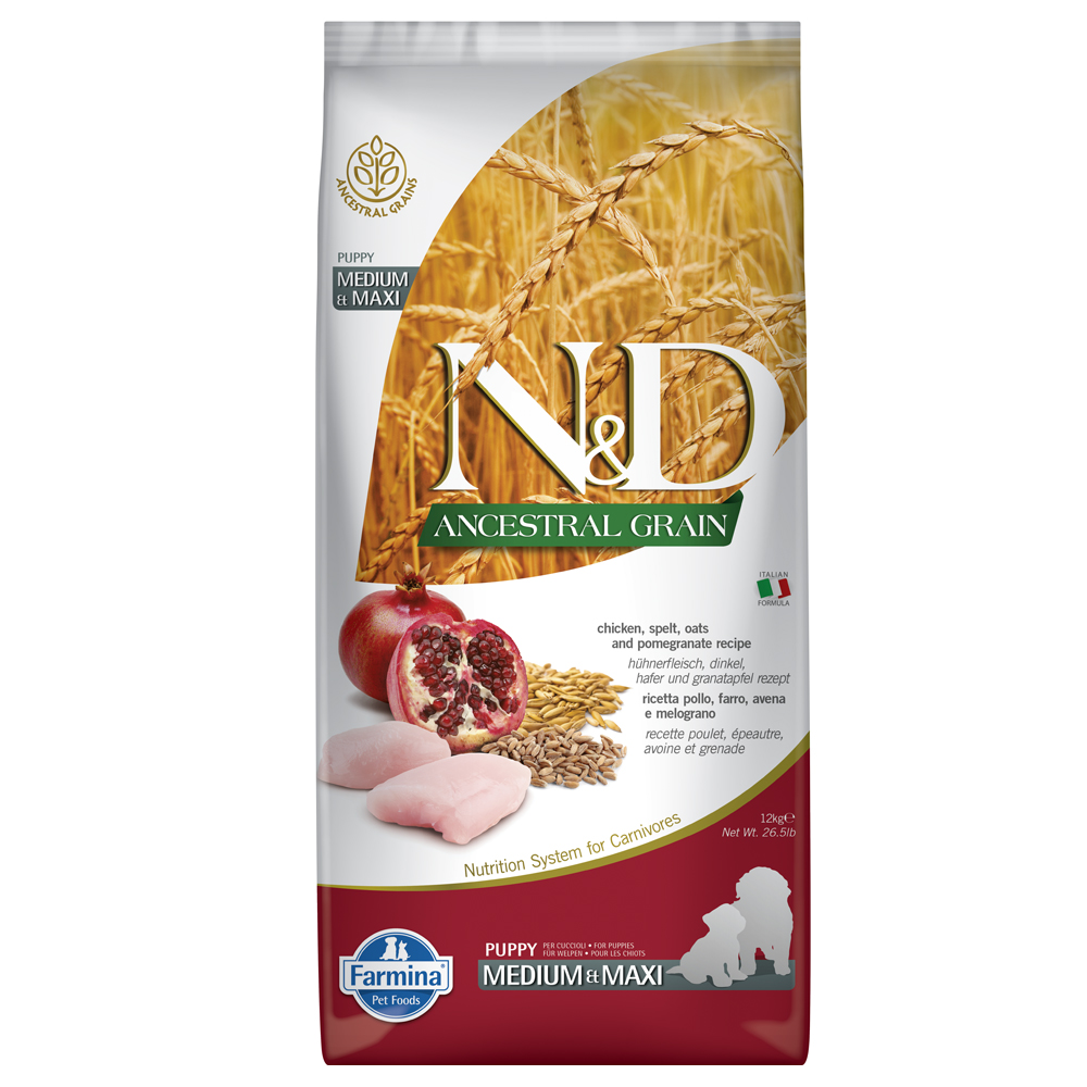 foto del prodotto farmina n d ancestral grain puppy medium maxi pollo e melograno 12 kg