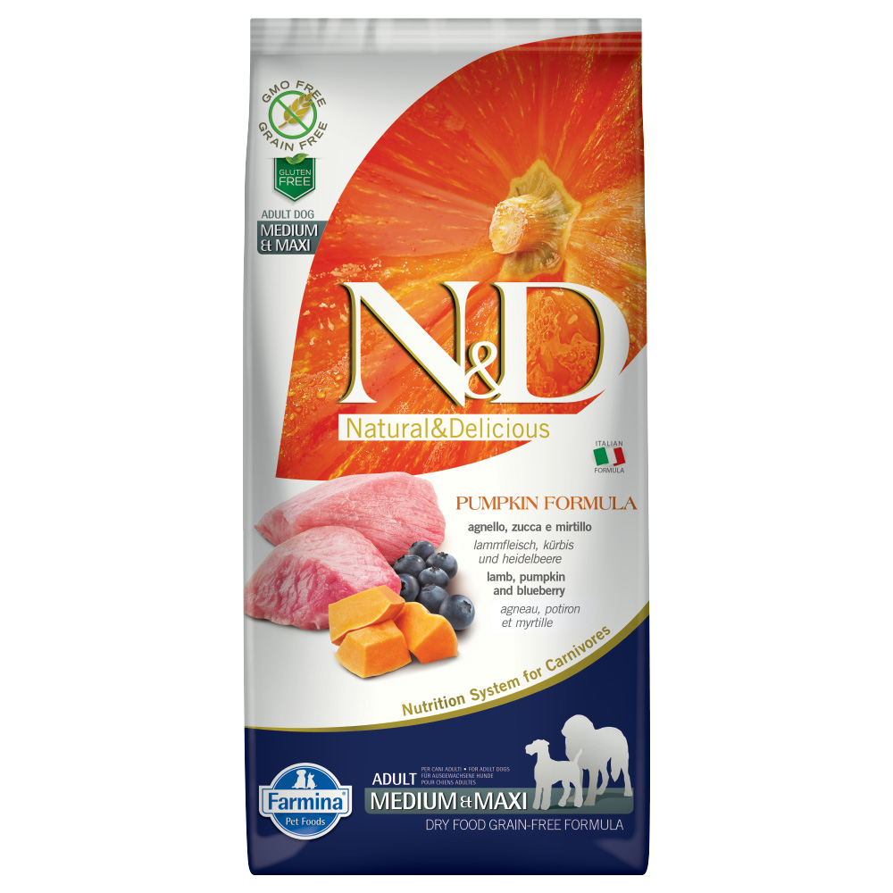 foto del prodotto farmina n d grain free pumpkin adult medium maxi agnello, zucca e mirtillo 12 kg