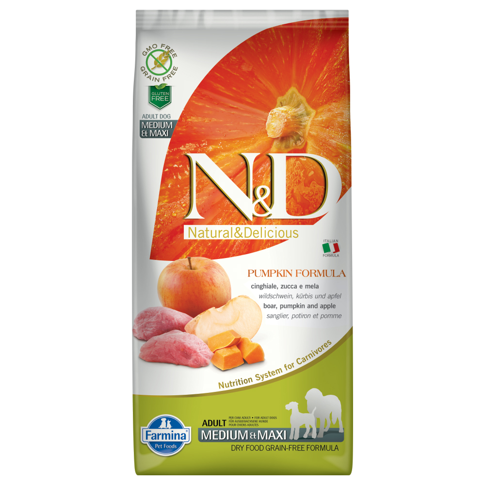 foto del prodotto farmina n d grain free pumpkin adult medium maxi cinghiale, zucca e mela 12 kg