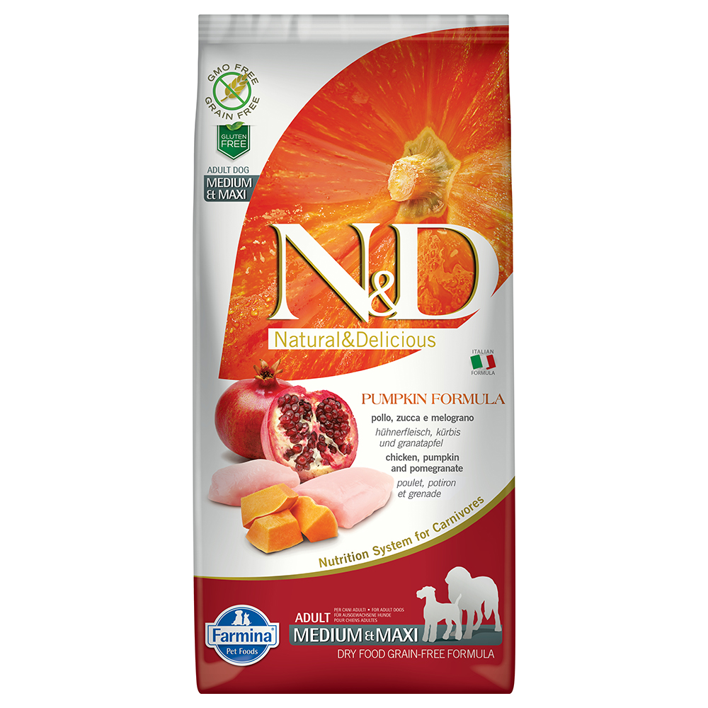 foto del prodotto farmina n d grain free pumpkin adult medium maxi pollo, zucca e melograno 12 kg