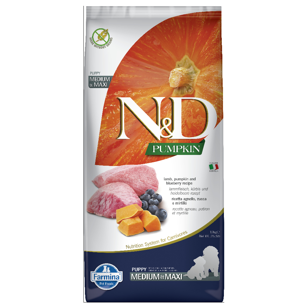 foto del prodotto farmina n d grain free pumpkin puppy medium maxi agnello, mirtilli, zucca 12 kg