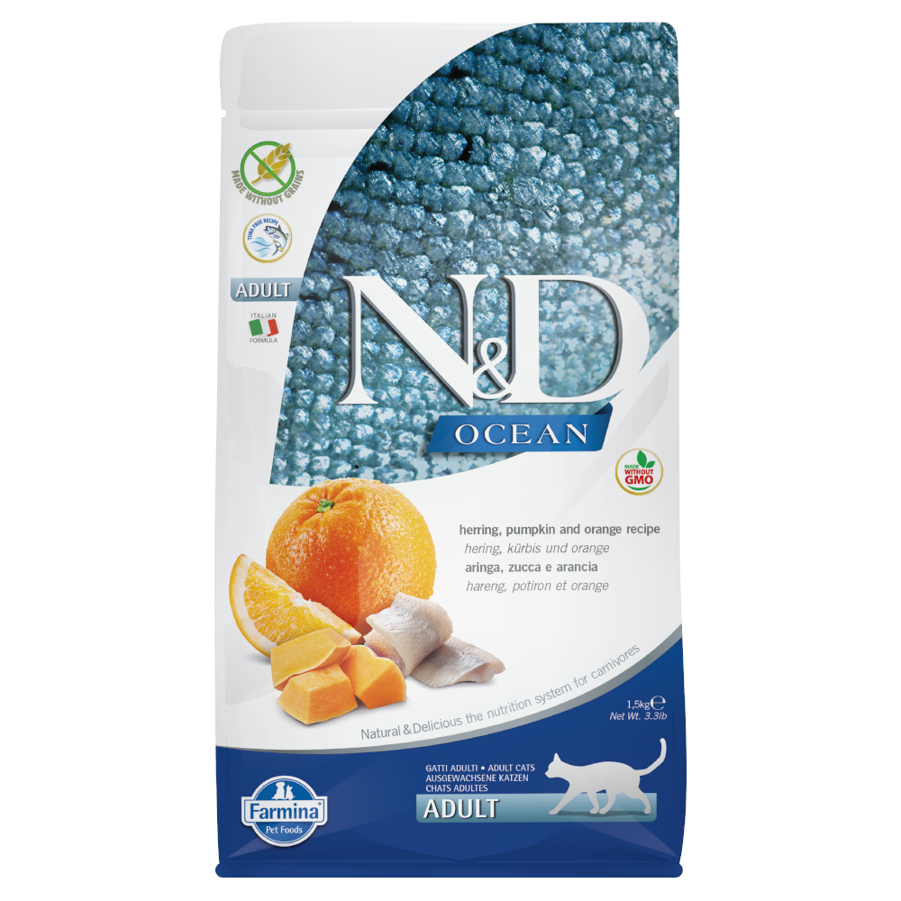 foto del prodotto farmina n d ocean grain free adult cat aringa, zucca e arancia 1,5 kg