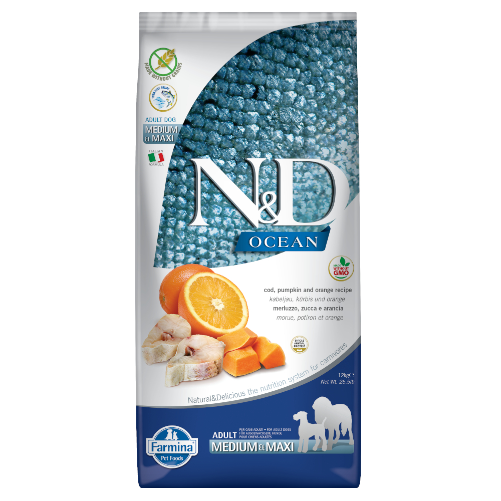 foto del prodotto farmina n d ocean grain free adult medium maxi merluzzo, zucca e arancia 12 kg