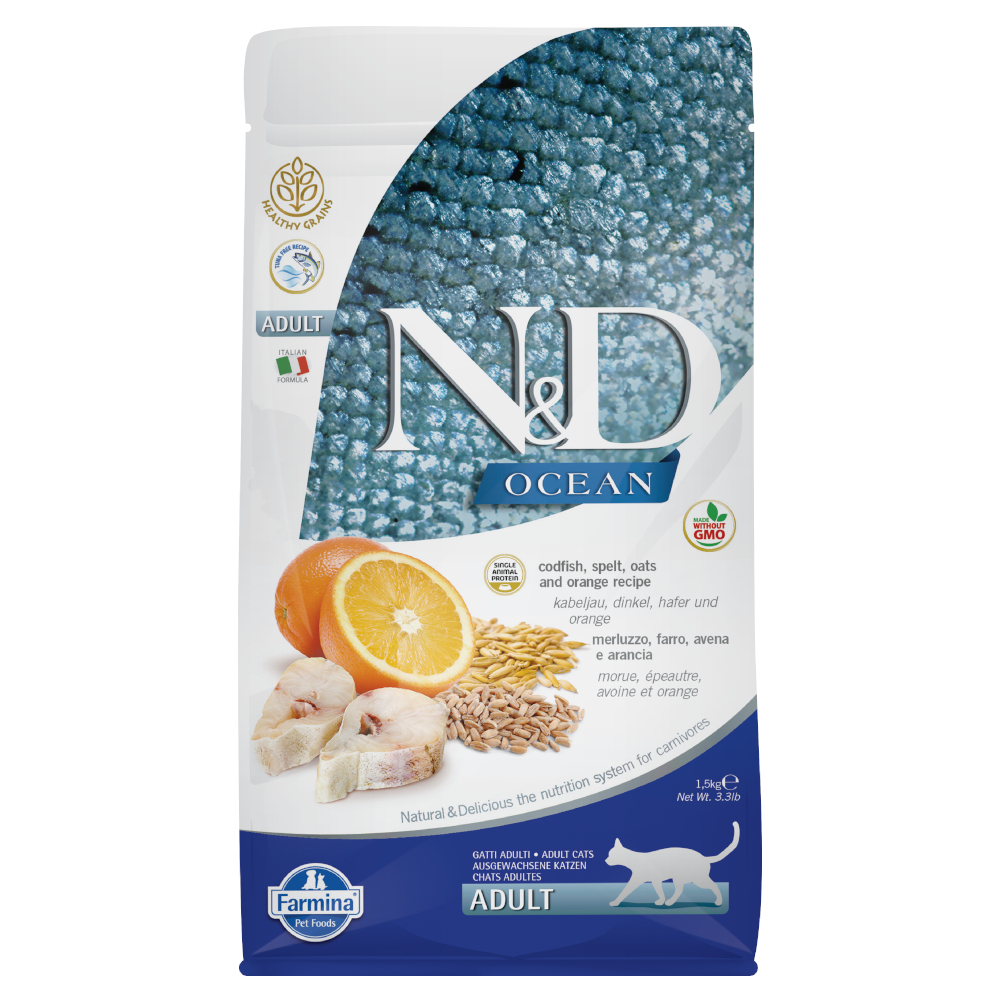 foto del prodotto farmina n d ocean low grain adult cat merluzzo e arancia 1,5 kg