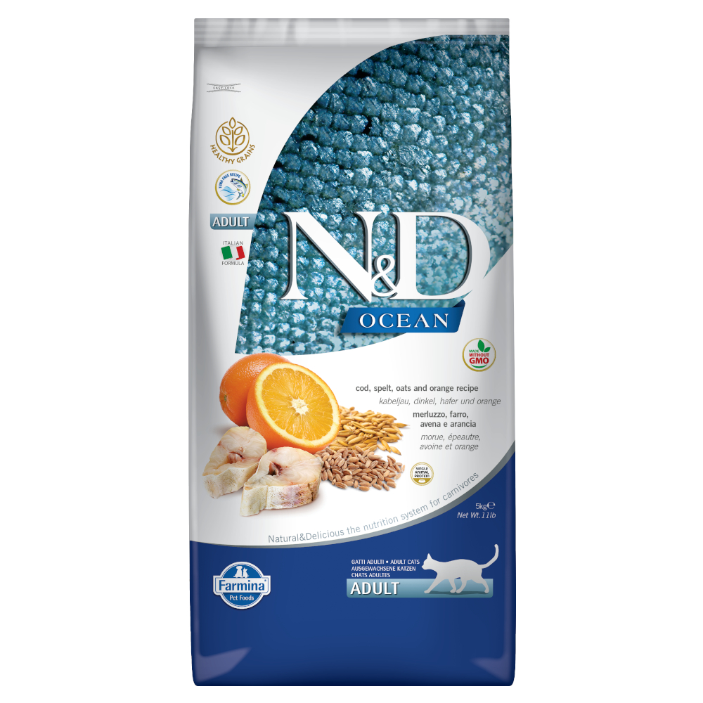 foto del prodotto farmina n d ocean low grain adult cat merluzzo e arancia 5 kg