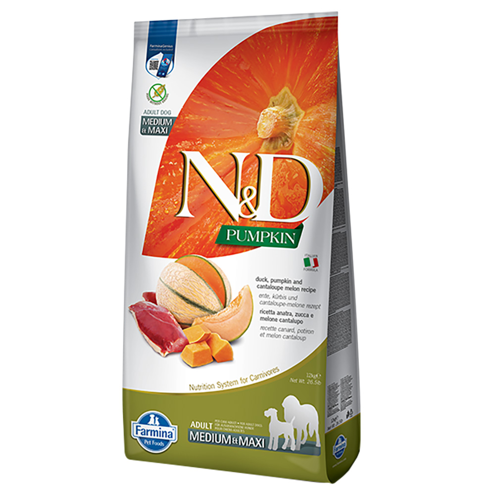 foto del prodotto farmina n d pumpkin adult medium maxi anatra, zucca e melone cantalupo 12 kg