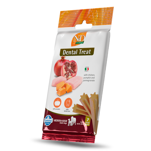 foto del prodotto farmina n d pumpkin grain free snack dentali per cani adult medium large 100 gr snack dentale n d pumpkin pollo e melograno 100 gr 1 ordine scegli lo sconto bzr5 bzr20 200 punti fedelt 
