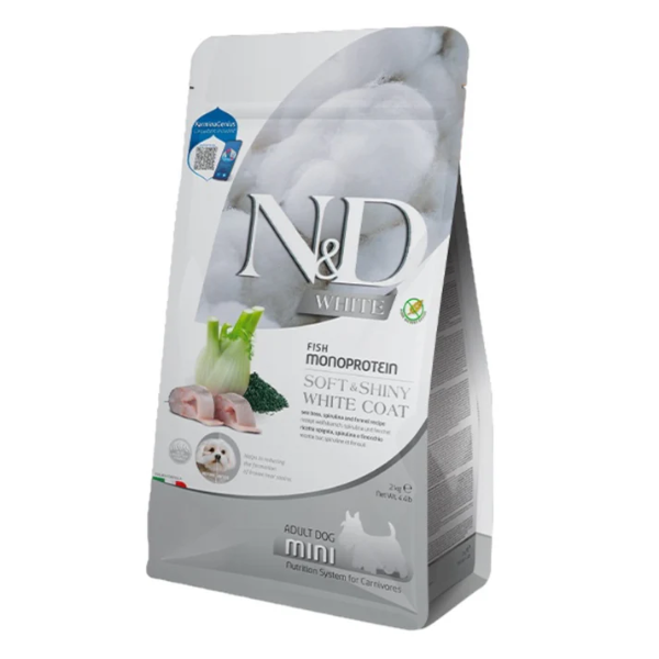 foto del prodotto farmina n d white grain free adult mini spigola, spirulina e finocchio - 5 kg - 1 ordine scegli lo sconto bzr5 bzr20 200 punti fedeltà