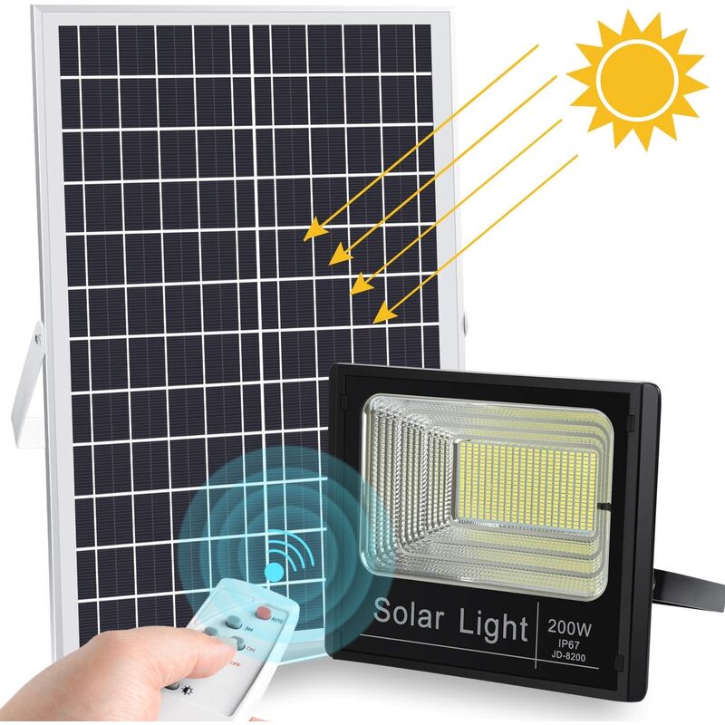 foto del prodotto faro a led da 200w smd ip67 solare con sensore crepuscolare e telecomando