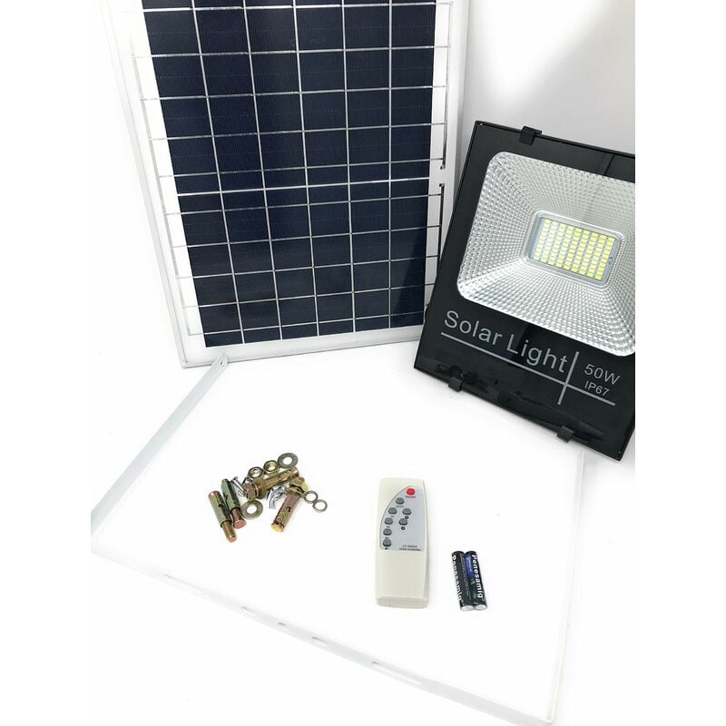 foto del prodotto faro a led da 50w smd luce bianca con pannello solare, sensore e telecomando tempo di saldi