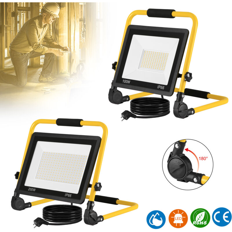 foto del prodotto faro da lavoro led faretto da cantiere con cavo 3m, supporto e maniglia di trasporto, ip66 impermeabile, per giardino, garage, 100w, bianco freddo