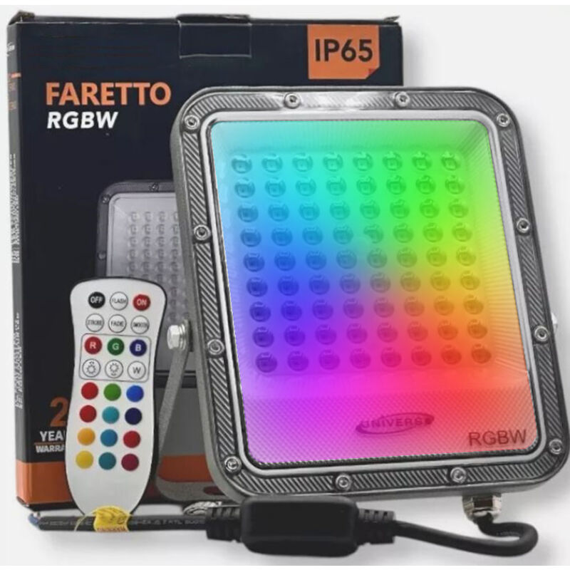 foto del prodotto faro faretto a led rgbw impermeabile ip65 per esterni 25w con telecomando proiettore dimmerabile