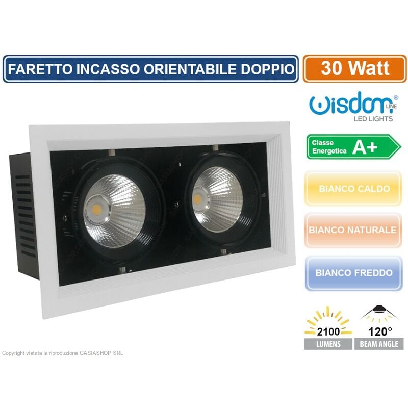 foto del prodotto faro faretto led cob doppio da incasso rettangolare orientabile 30w 2100 lumen colore luce bianco naturale