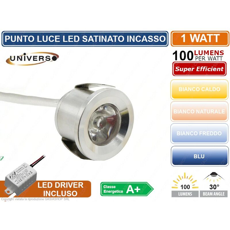 foto del prodotto faro faretto led punto luce rotondo colore acciaio satinato incasso 1w 3000k 4000k 6500k blu colore luce bianco naturale